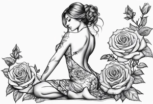 Bloomed rose with female body, kneeling tattoo idea