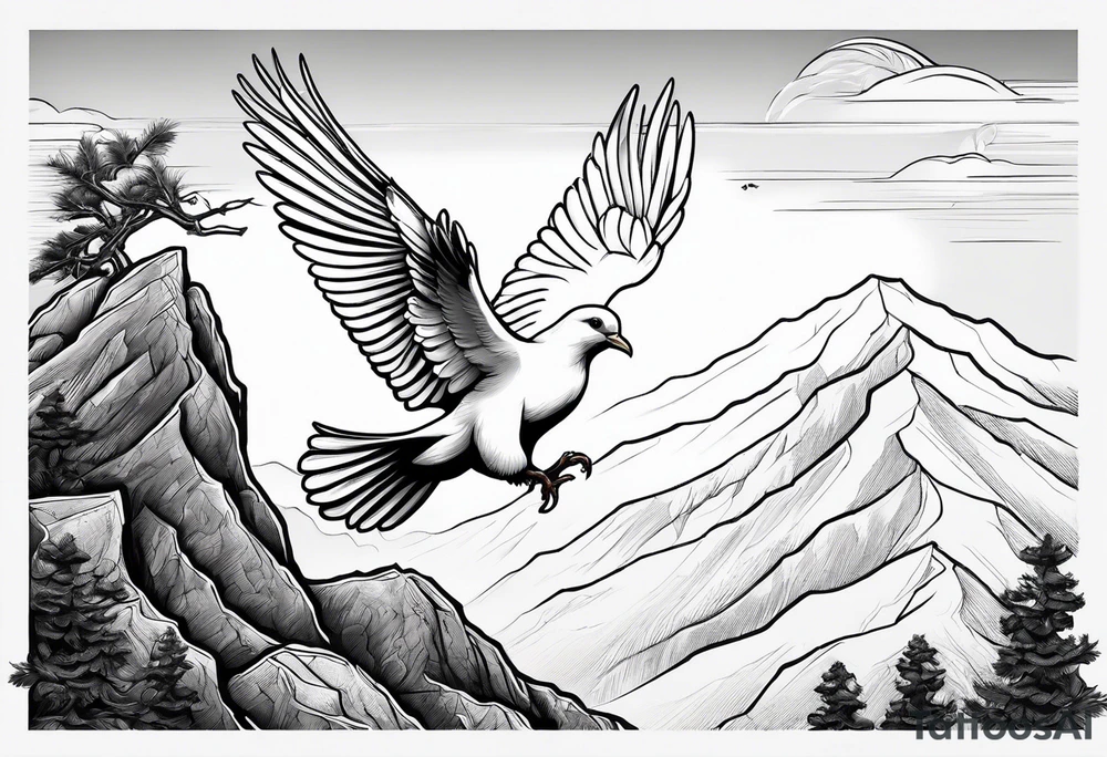 White Dove sitting on a branch at the top of the mountain with an eagle soaring overhead tattoo idea