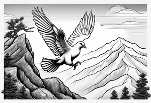 White Dove sitting on a branch at the top of the mountain with an eagle soaring overhead tattoo idea