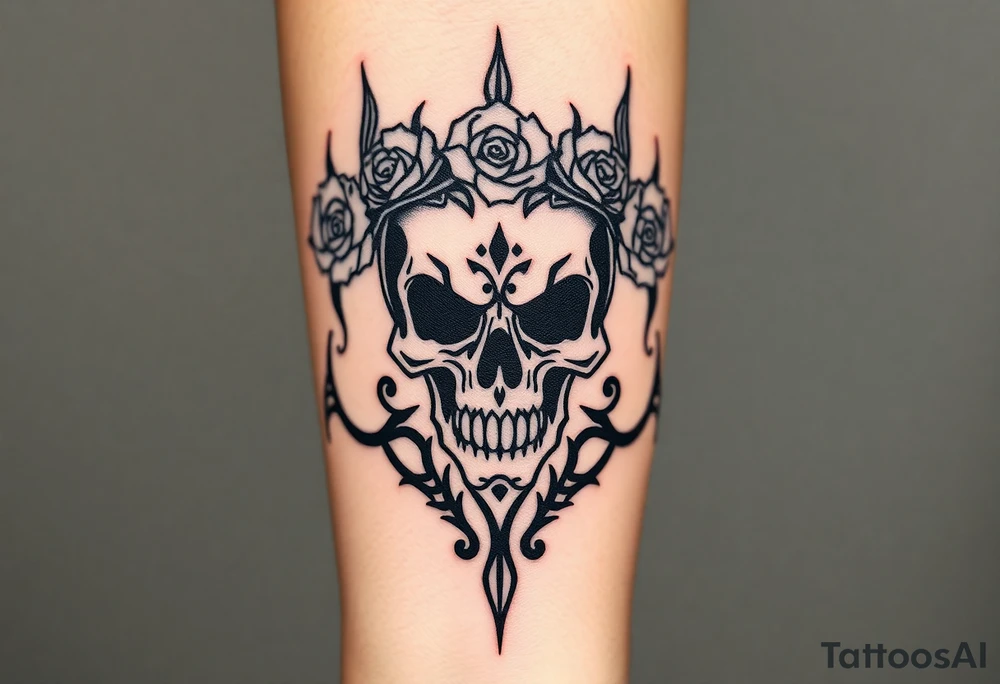 ornate skull adorned with crown of wild roses and thorns tattoo idea