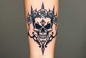 ornate skull adorned with crown of wild roses and thorns tattoo idea