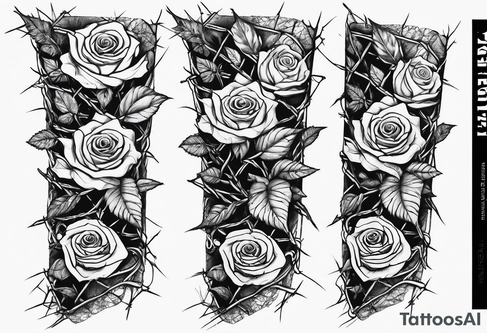 Foliage arm sleeve that has barbed wire that turns into rose thorns tattoo idea