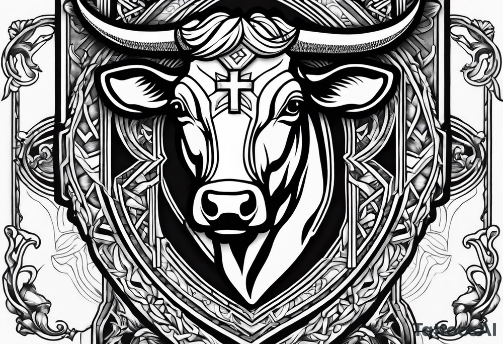 leather  detail with cow tag and cross sleeve tattoo idea
