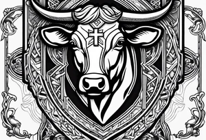 leather  detail with cow tag and cross sleeve tattoo idea