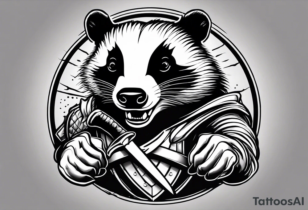 Draw me badger with aggressive full body, killer face with a smile, very long nails and he attacks like a Turkish gladiator to enemy and also he has very deadly looking. The only weapon is his braveness he fights with his nails. Everybody scares after their first sight. And some bloody type Badger this is. tattoo idea