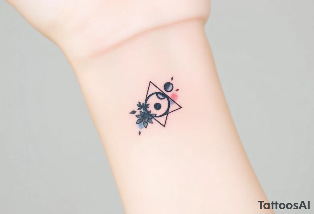 Design a very small (max 2x2 cm) tattoo for the inner wrist that subtly symbolizes lesbian identity. It should be minimal and delicate — possibly fine line or soft color. The design must be discreet yet meaningful, not instantly recognizable as LGBTQ but with layered symbolism. Think of subtle elements like intertwined female symbols, abstract sapphic references, or a hidden double meaning through nature (e.g. flowers, moons, triangles). Avoid clichés or bold pride imagery. Keep it elegant, wearable, and intimate. tattoo idea