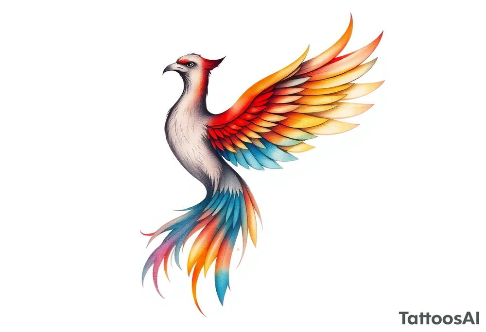 Phoenix rising with nonbinary flag colors blended in watercolor style, transparent background. tattoo idea