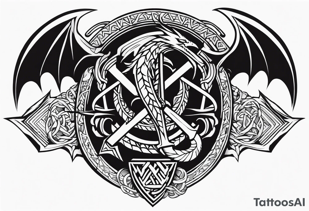 Valhalla sword shield dragon axe Valknut tattoo idea