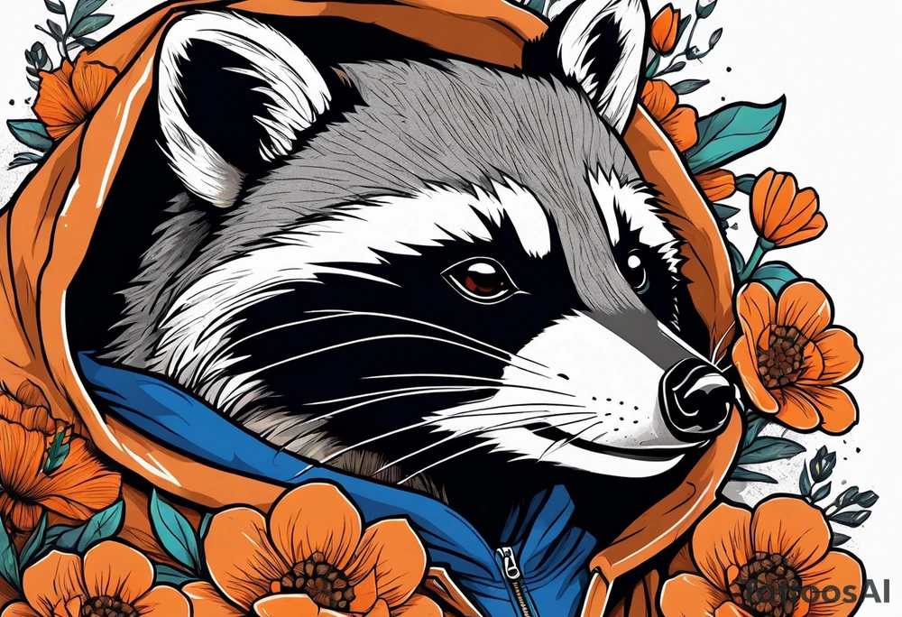 raccoon wearing a Superman hoodie with orange flowers tattoo idea
