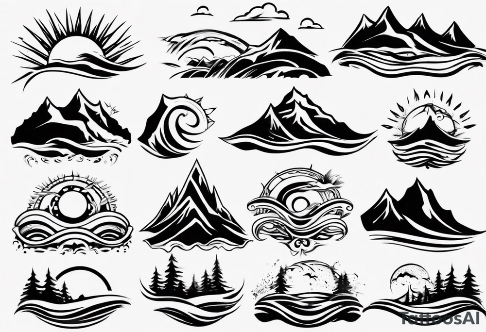 mountains, beach, waves, sunset, trees tattoo idea