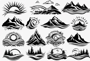 mountains, beach, waves, sunset, trees tattoo idea