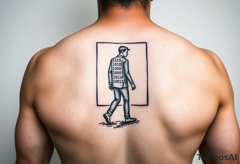 Tattoo of a person made of binary numbers walking into a terminal window tattoo idea
