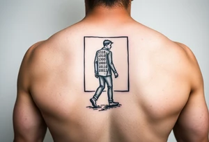 Tattoo of a person made of binary numbers walking into a terminal window tattoo idea