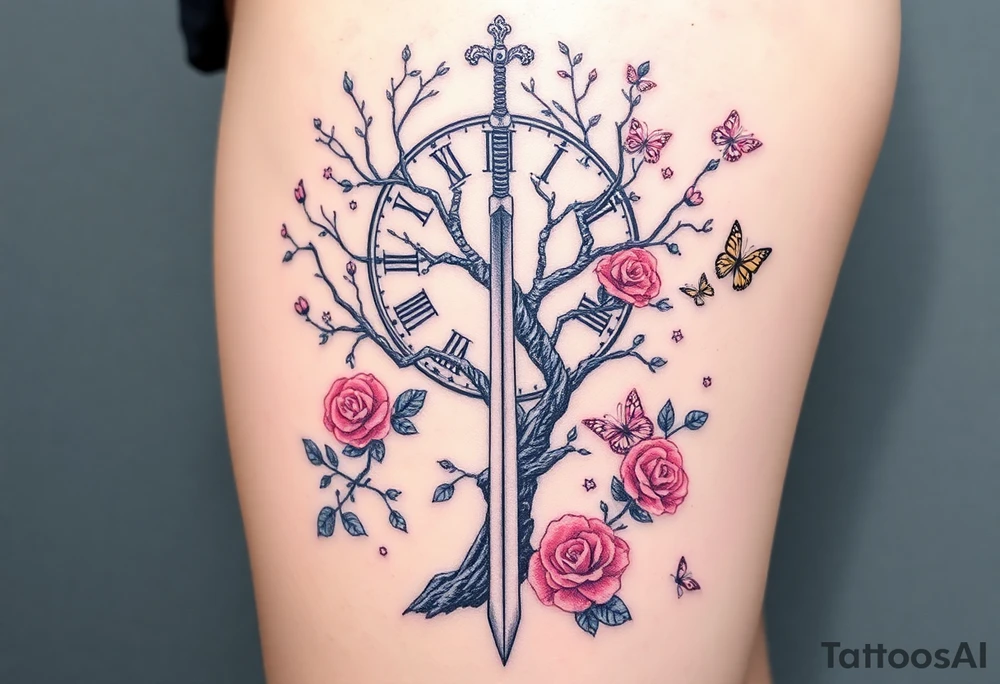 a big clock behind the big poisoned tree, big and small roses, big and small butterflies with a big sword behind it all tattoo idea