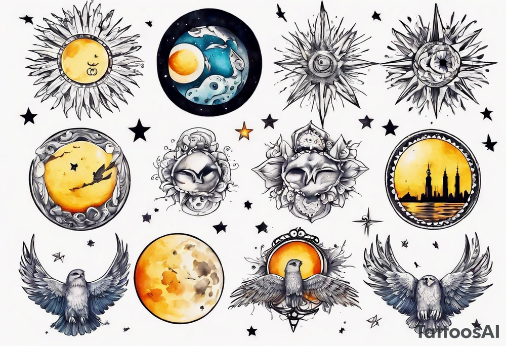 Mond und Sonne mit Eule und Wassermann und Berlin tattoo idea