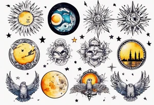 Mond und Sonne mit Eule und Wassermann und Berlin tattoo idea