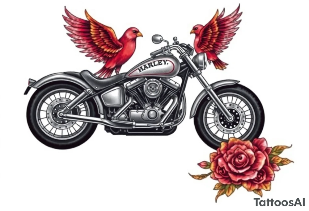Harley grey motorcycle driving away, two red birds flying, roses, flames,angel wings tattoo idea