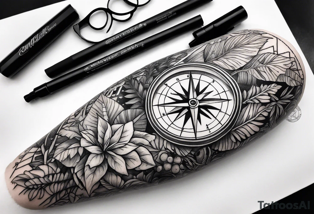 full arm sleeve, jungle plants, compass, all-seeing eye tattoo idea