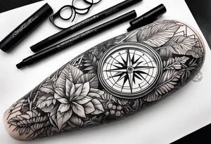 full arm sleeve, jungle plants, compass, all-seeing eye tattoo idea