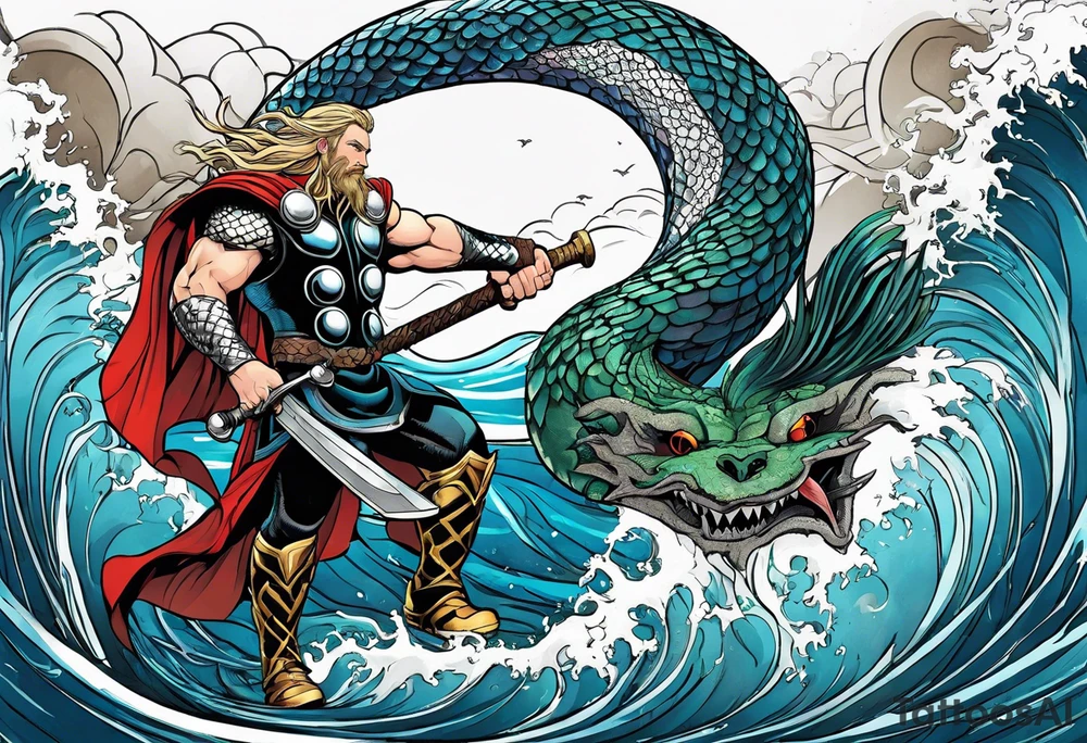 Thor getting eaten by the world serpent in the ocean tattoo idea