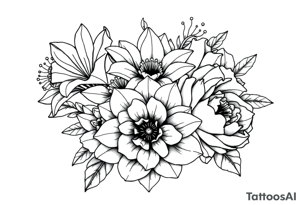 daffodils, jonquils, chrysanthemum and peony in a bouquet for a small tattoo tattoo idea