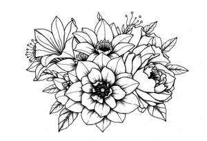 daffodils, jonquils, chrysanthemum and peony in a bouquet for a small tattoo tattoo idea