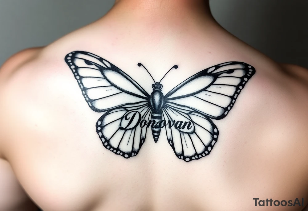 Butterfly with names Damani and Donovan made with the shape of the wingspan and the body of the Butterfly shaped with the name Dalyla tattoo idea