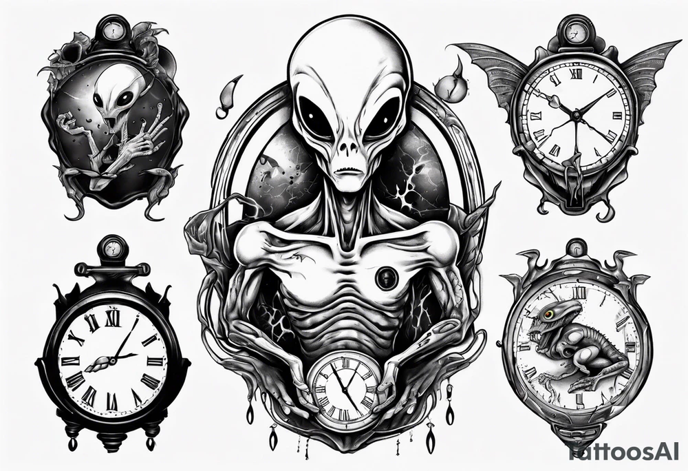 Alien holding a broken clock tattoo idea