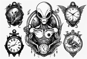 Alien holding a broken clock tattoo idea