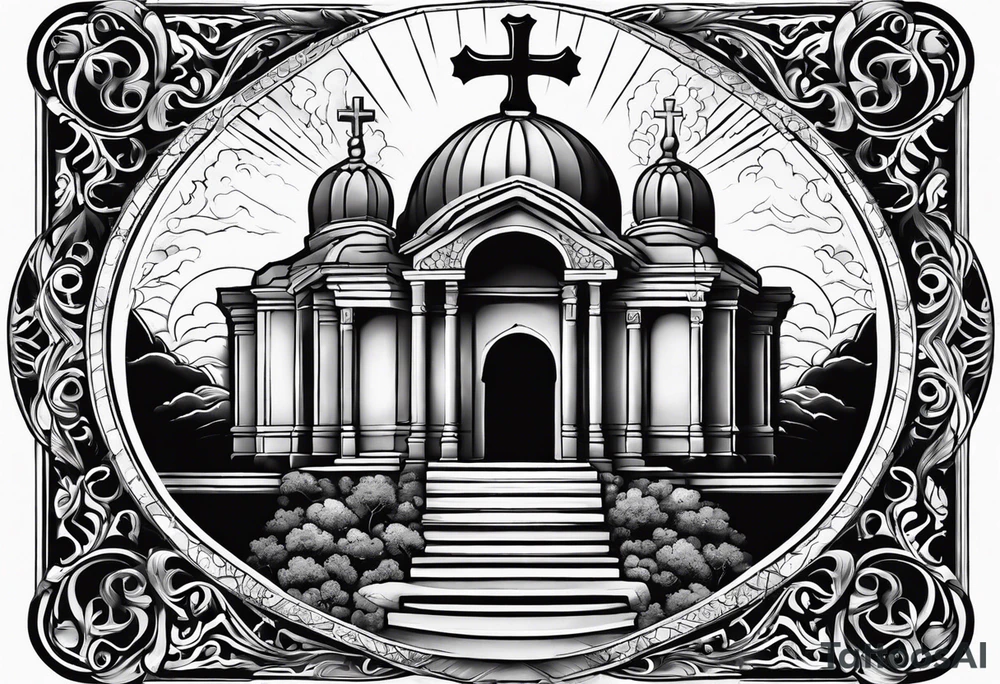Tomb with cross and sun in the background tattoo idea