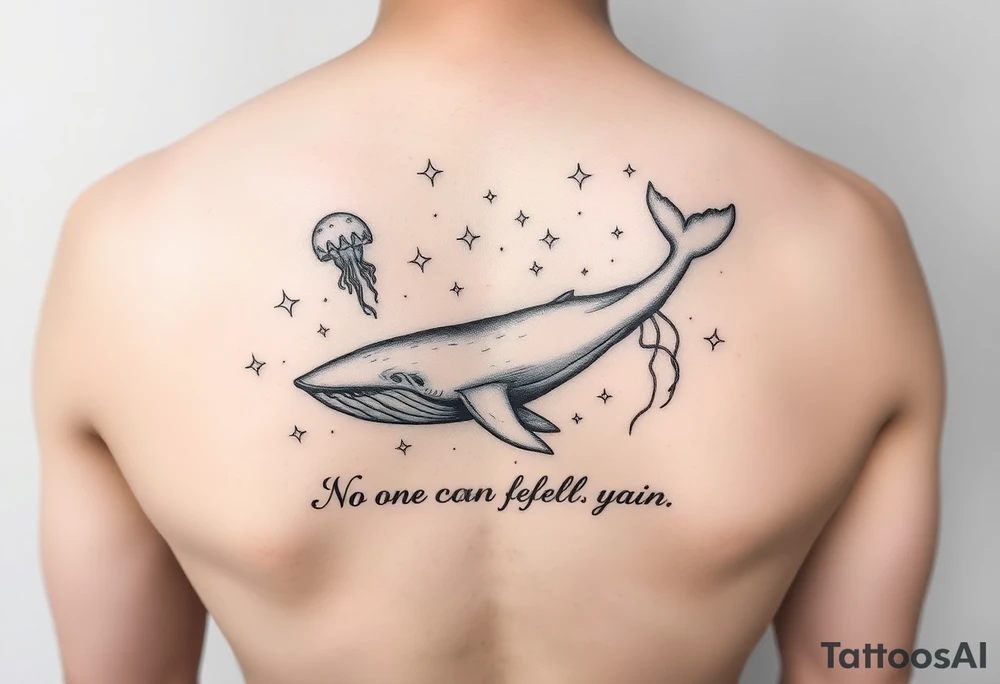 52hz Whale and jellyfish among the stars with the words No one can feel your pain 5x5 size tattoo idea