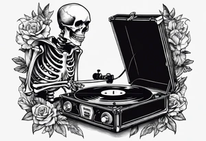 Skeleton listening to record player tattoo idea