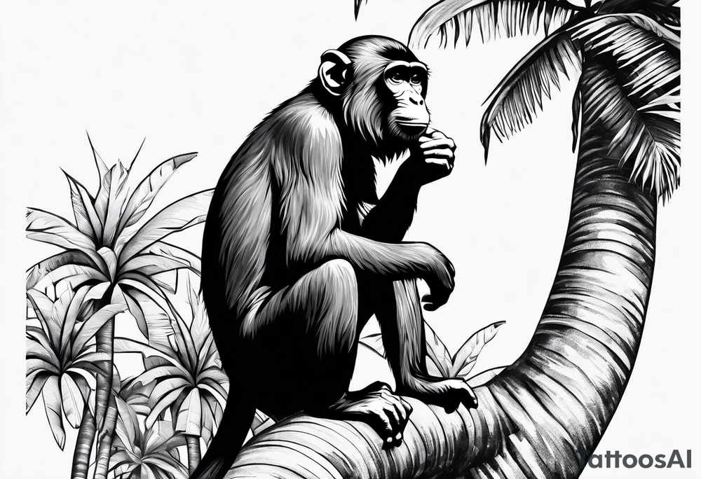 Monkey with a banana sitting on a palm tree tattoo idea