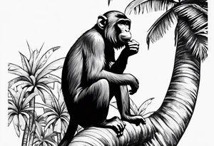 Monkey with a banana sitting on a palm tree tattoo idea
