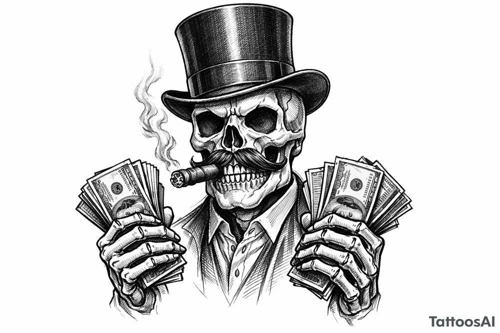 skull with mustache,top-hat,cigar in his mouth,money in both hands. tattoo idea