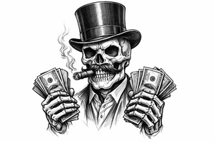 skull with mustache,top-hat,cigar in his mouth,money in both hands. tattoo idea