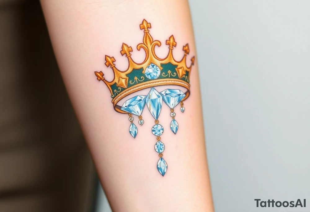 A detailed royal crown with diamonds cascading down as jewels, in golden hues for the crown and white diamonds with light blue reflections for the stones tattoo idea