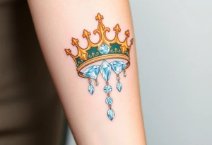 A detailed royal crown with diamonds cascading down as jewels, in golden hues for the crown and white diamonds with light blue reflections for the stones tattoo idea