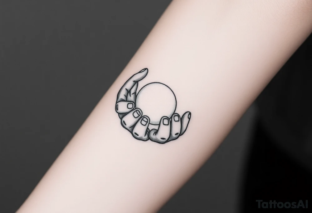 Two hands carefully holding a glowing orb of light, soft realistic shading, warm light radiating from the orb, black and gray tattoo style.” tattoo idea