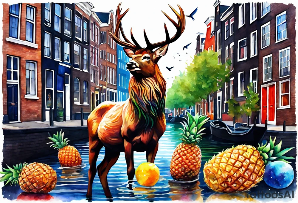 Stag, watercolour, birds, Amsterdam canal, Animals, amsterdam, pineapples, space, galaxy, Amsterdam canal, pineapple stag tattoo idea