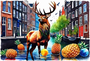 Stag, watercolour, birds, Amsterdam canal, Animals, amsterdam, pineapples, space, galaxy, Amsterdam canal, pineapple stag tattoo idea