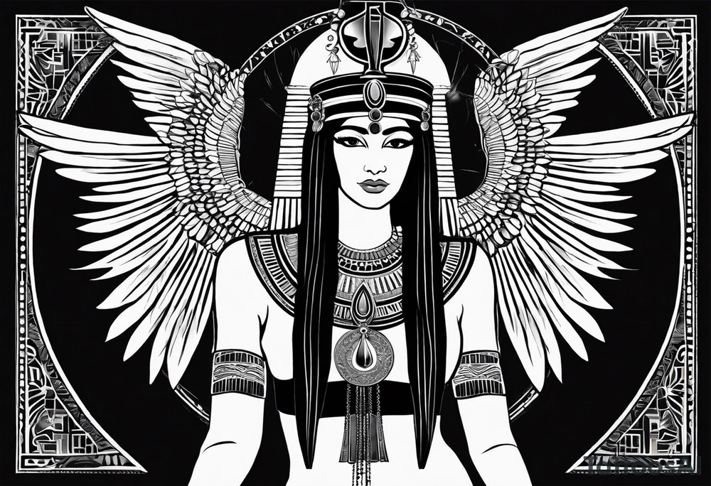 black and white Egyptian goddess Isis, who is often depicted as a woman with outstretched wings, holding an ankh (a symbol of life) in one hand and a lotus flower in the other. Her headdress often includes a throne or a solar disk. The tattoo design can vary in style and size, but it typically aims to capture the essence of this revered Egyptian deity, emphasizing her beauty, power, and maternal qualities. The choice of colors and additional elements can also be customized to create a unique and visually striking representation of the goddess Isis tattoo idea