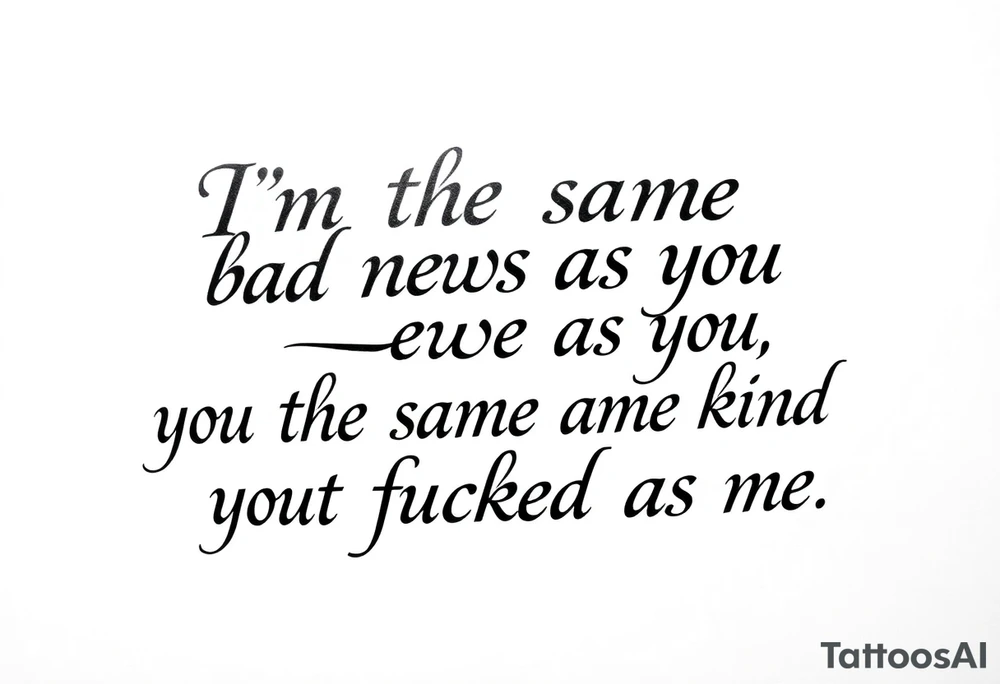 Chicano blackletter script tattoo, elegant cursive with thick and thin strokes, dramatic flourishes on 'f' and 'y'. Text: “I’m the same bad news as you, you’re the same kind of fucked as me.” High contrast, black ink on white background, no shading, no color tattoo idea