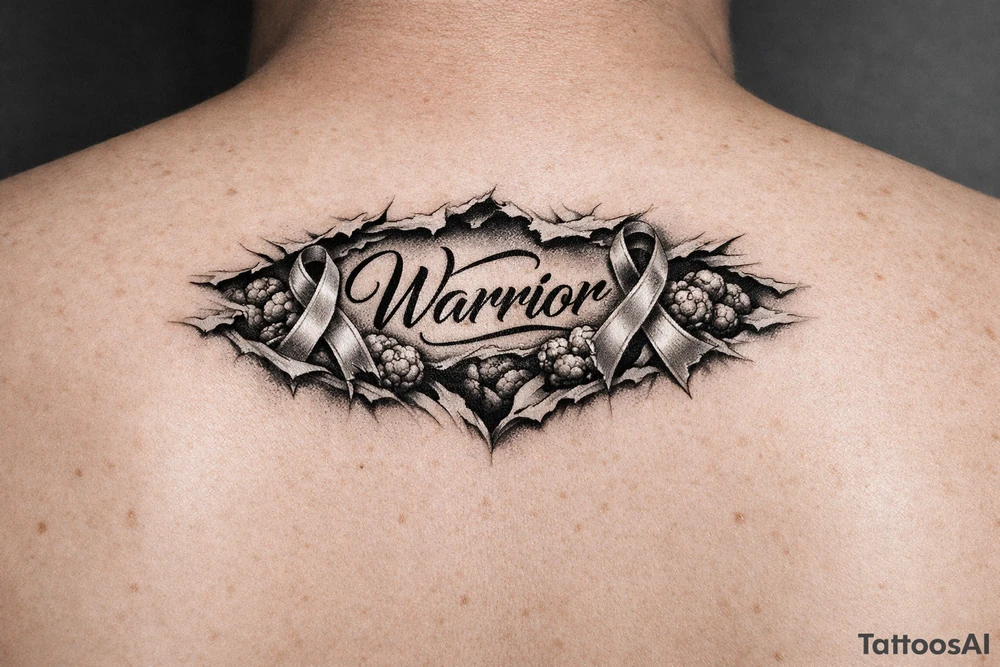 Warrior in cursive with silk le cells ribbon tearing out of skin tattoo idea