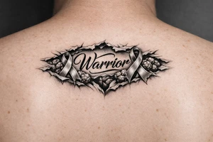 Warrior in cursive with silk le cells ribbon tearing out of skin tattoo idea