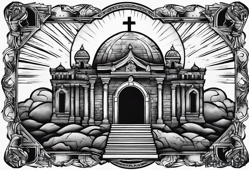 Tomb with cross and sun in the background tattoo idea