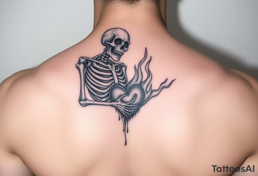 Skeleton in agony, heart broken, on fire tattoo idea
