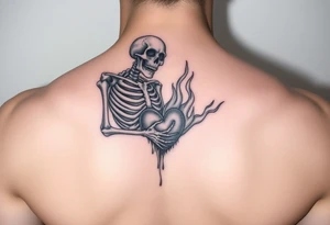 Skeleton in agony, heart broken, on fire tattoo idea