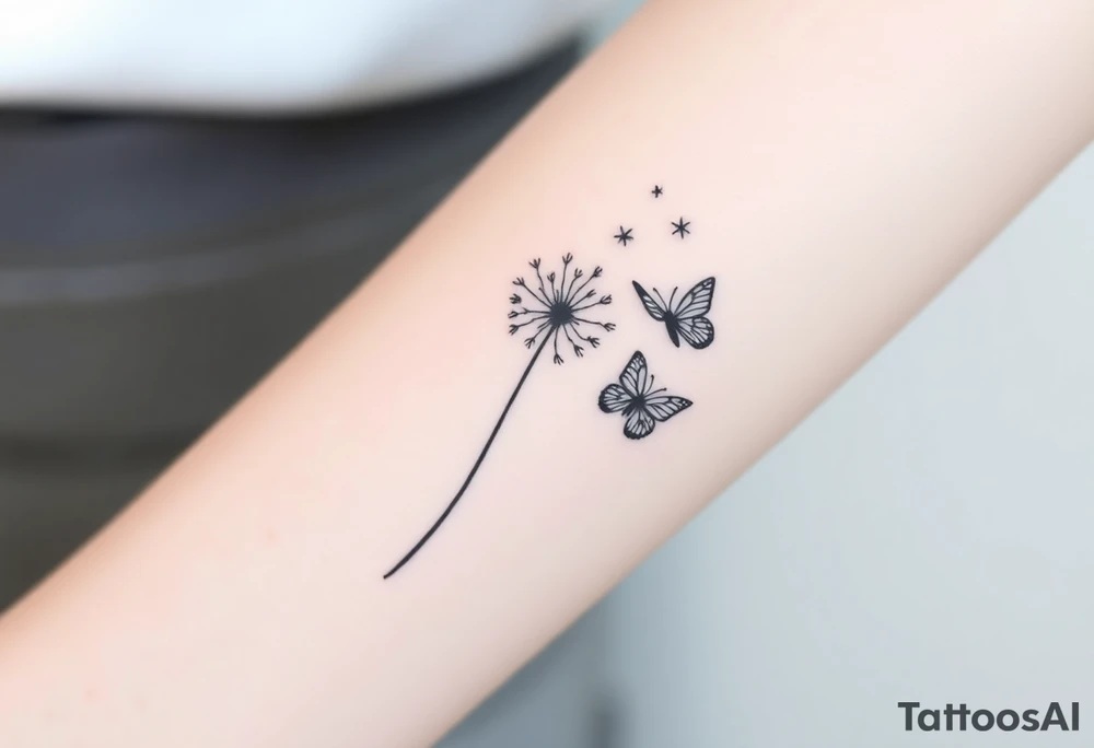 a dandelion and two (2) minimalistic butterflies flying around it. The course of the butterflies is shown tattoo idea