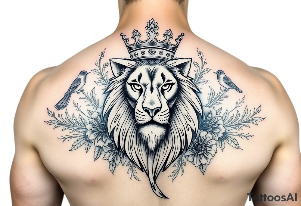 powerful majestic lion with a crown, surrounded by floral ornaments and birds tattoo idea
